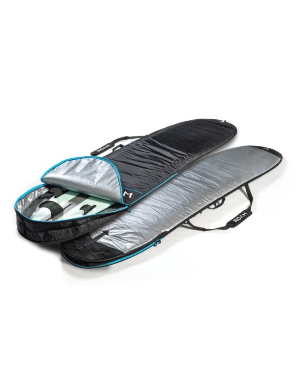 ROAM Tech boardbag onderkant en met longboard surfplank erin