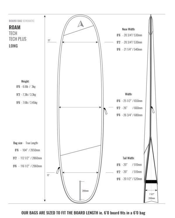 ROAM Tech Longboard surfboardbag maatvoering tabel met gewichten en afmetingen